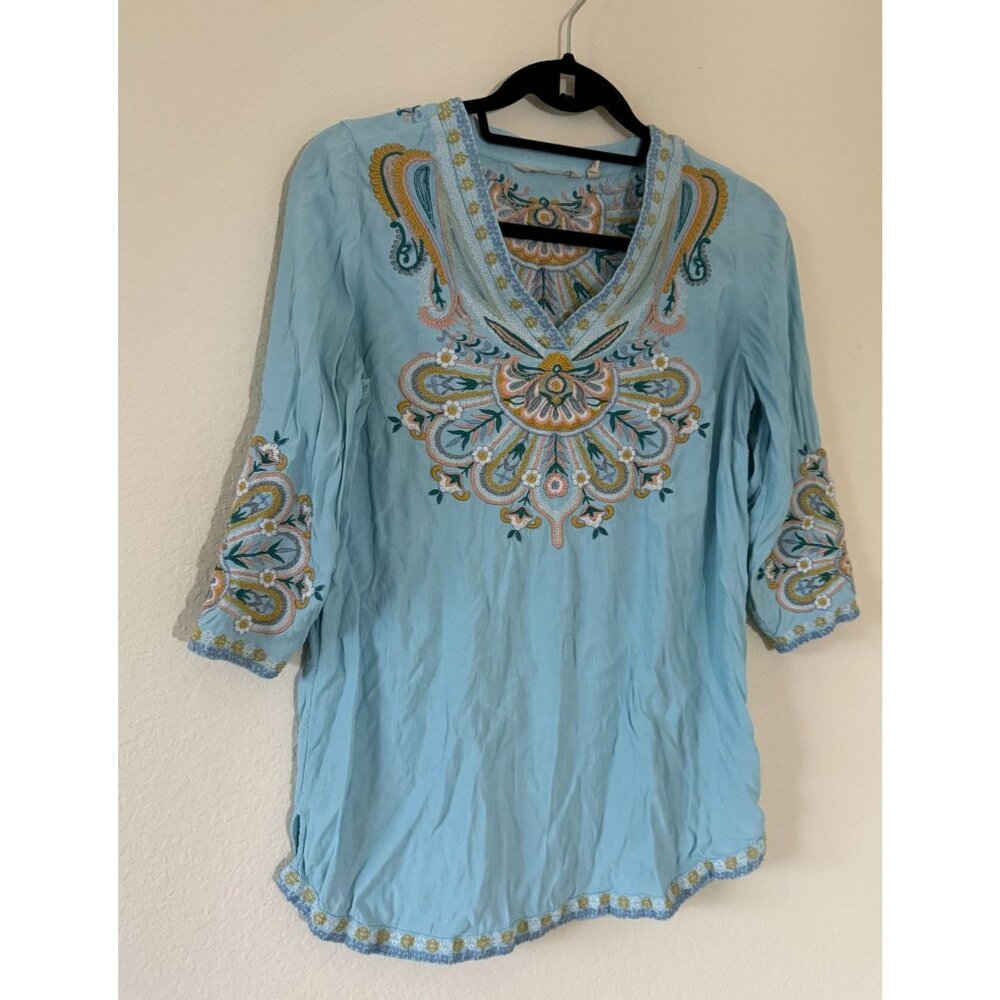 Soft‎ Surroundings Turquoise Blue River Island Embroidered Tunic Size XS Boho